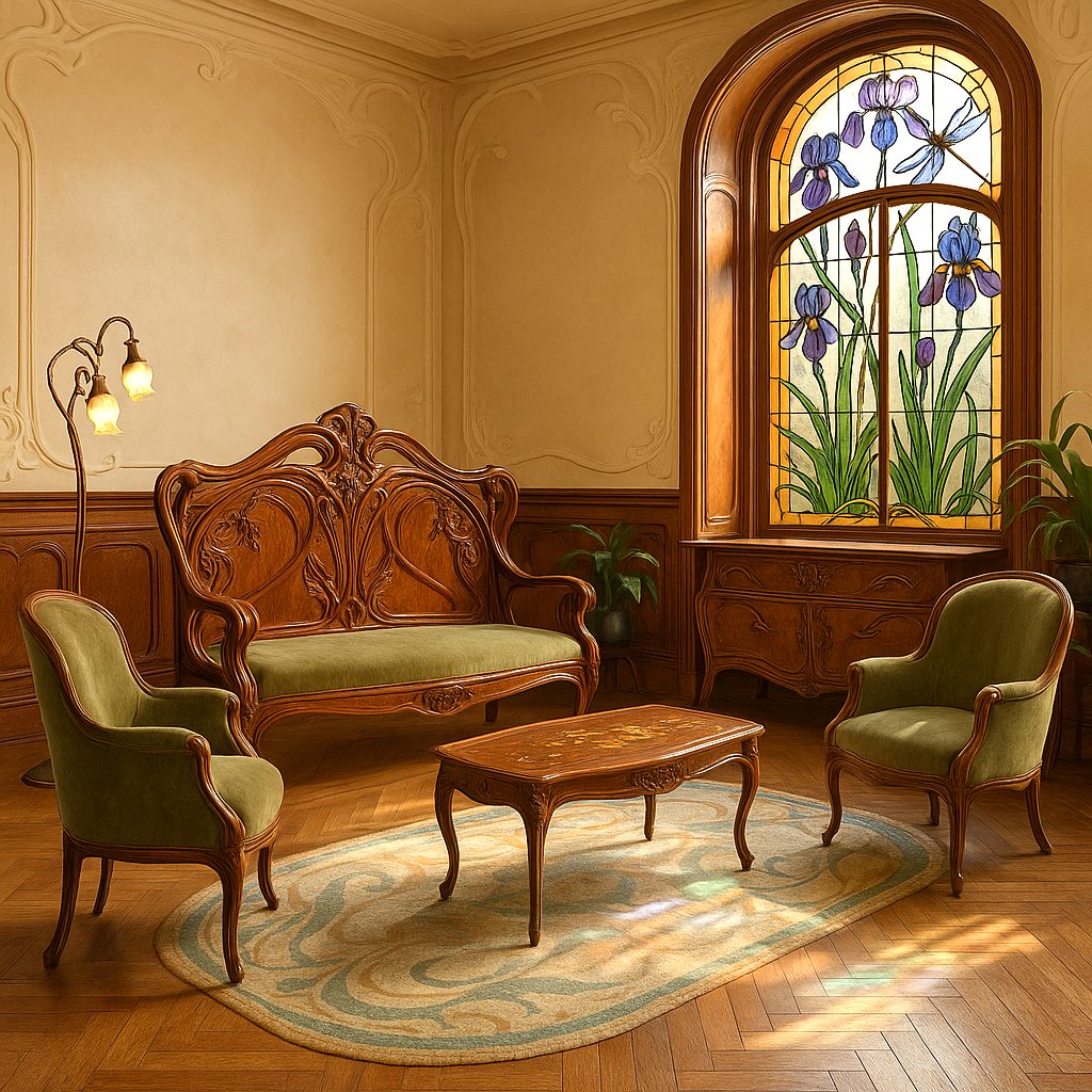 Art nouveau furniture salon with a carved settee and an iris stained glass window by Casa Padrino