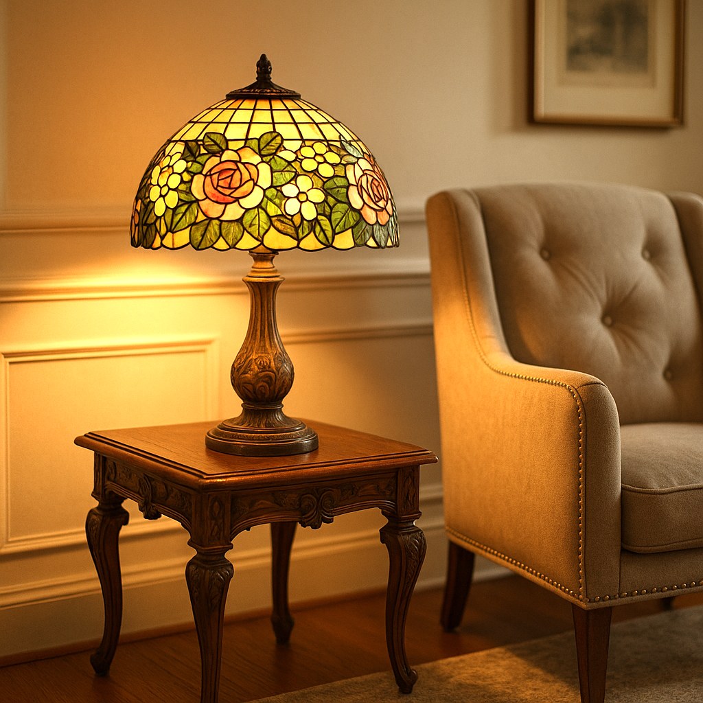 Art nouveau furniture Tiffany style table lamp with a rose leaded glass shade on a carved side table by Casa Padrino