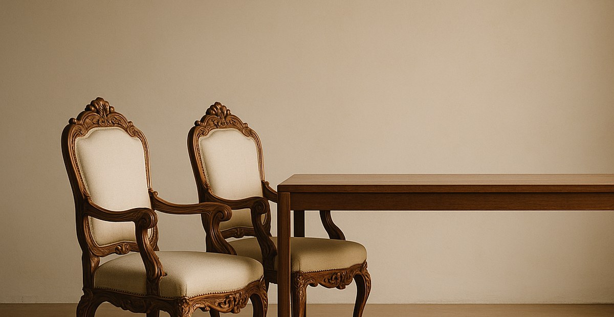 A pair of baroque armchairs at a straight table with a plain top