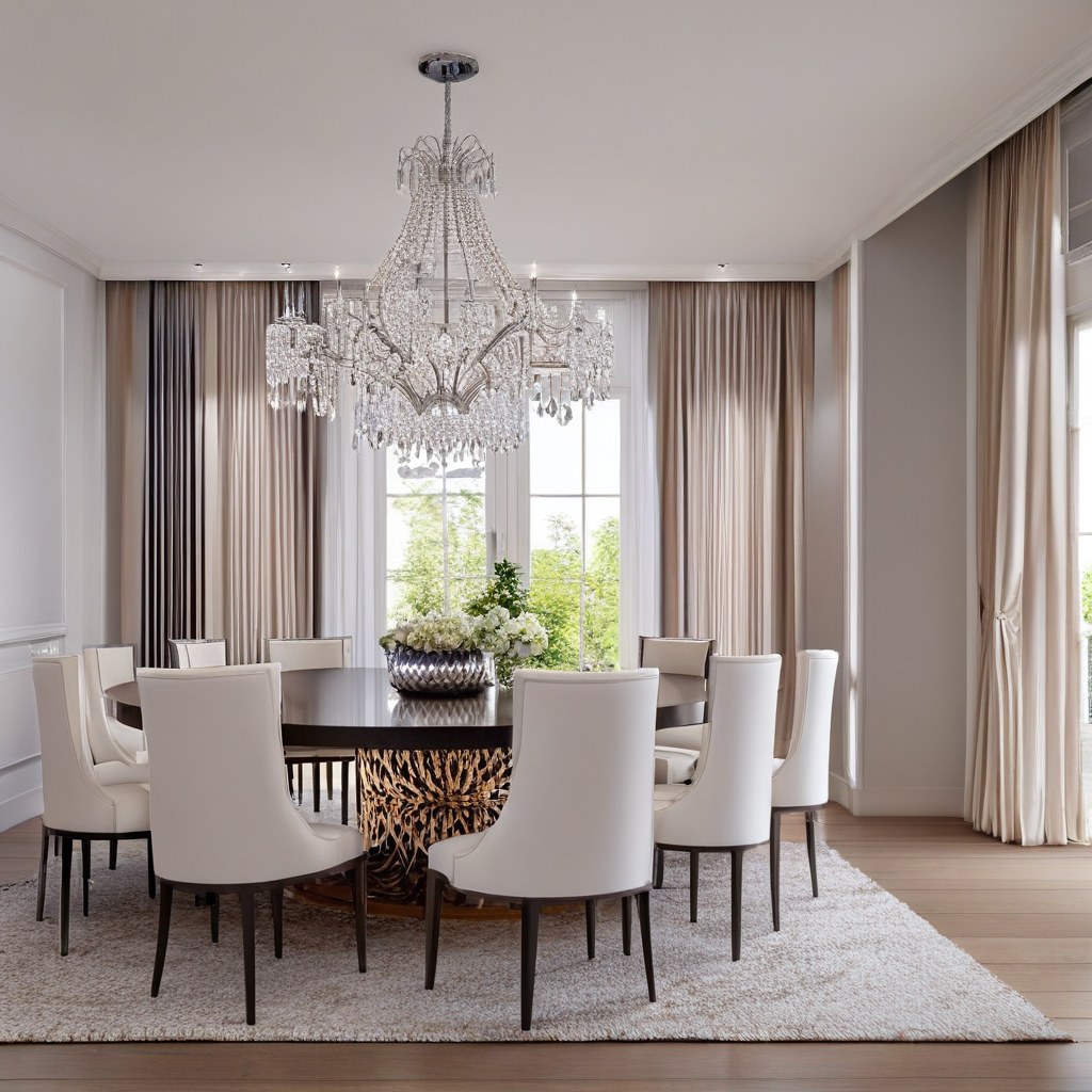 Baroque dining room with a large dining table, upholstered chairs and crystal chandelier
