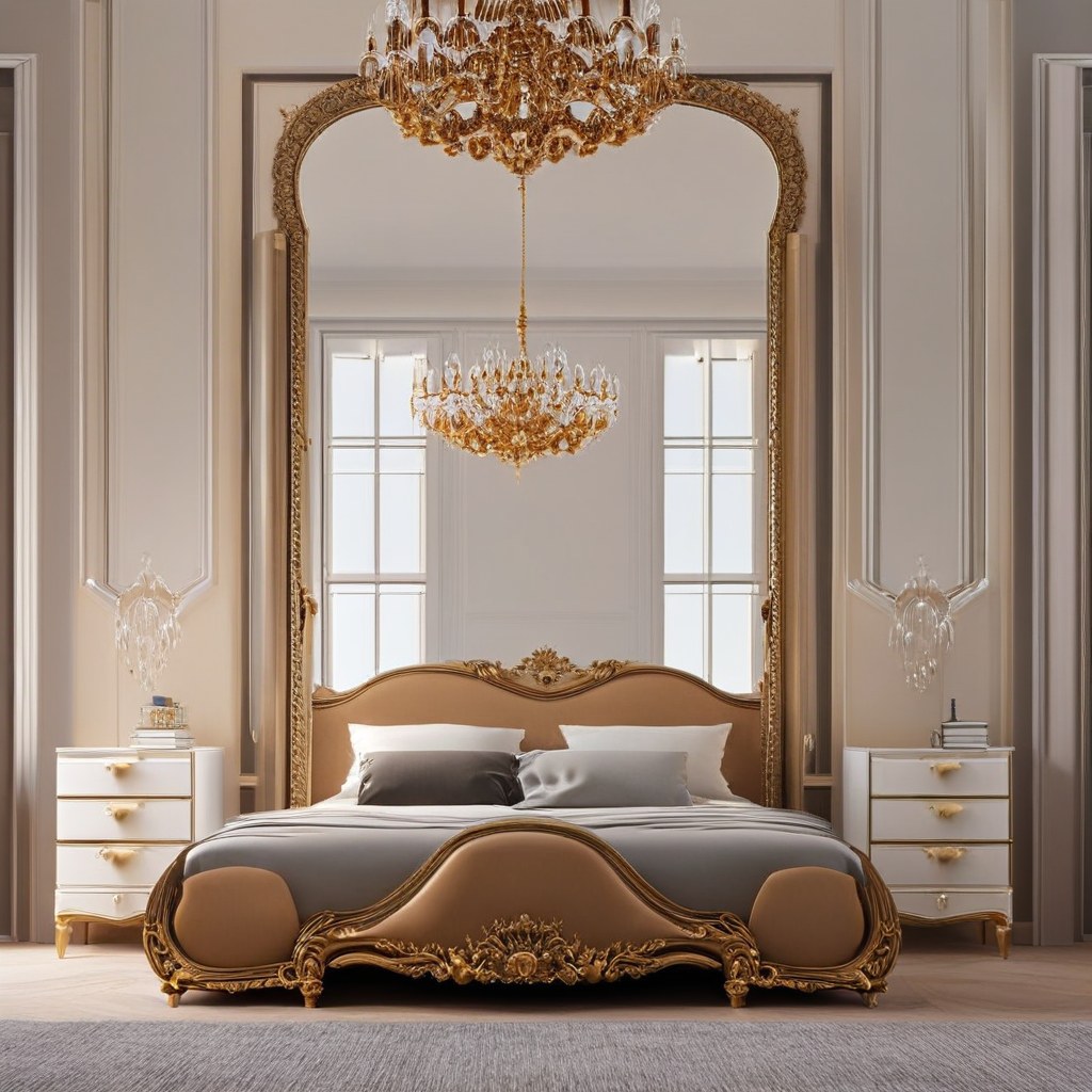 Baroque furniture: Baroque bedroom with a canopy bed and gilded commode by Casa Padrino