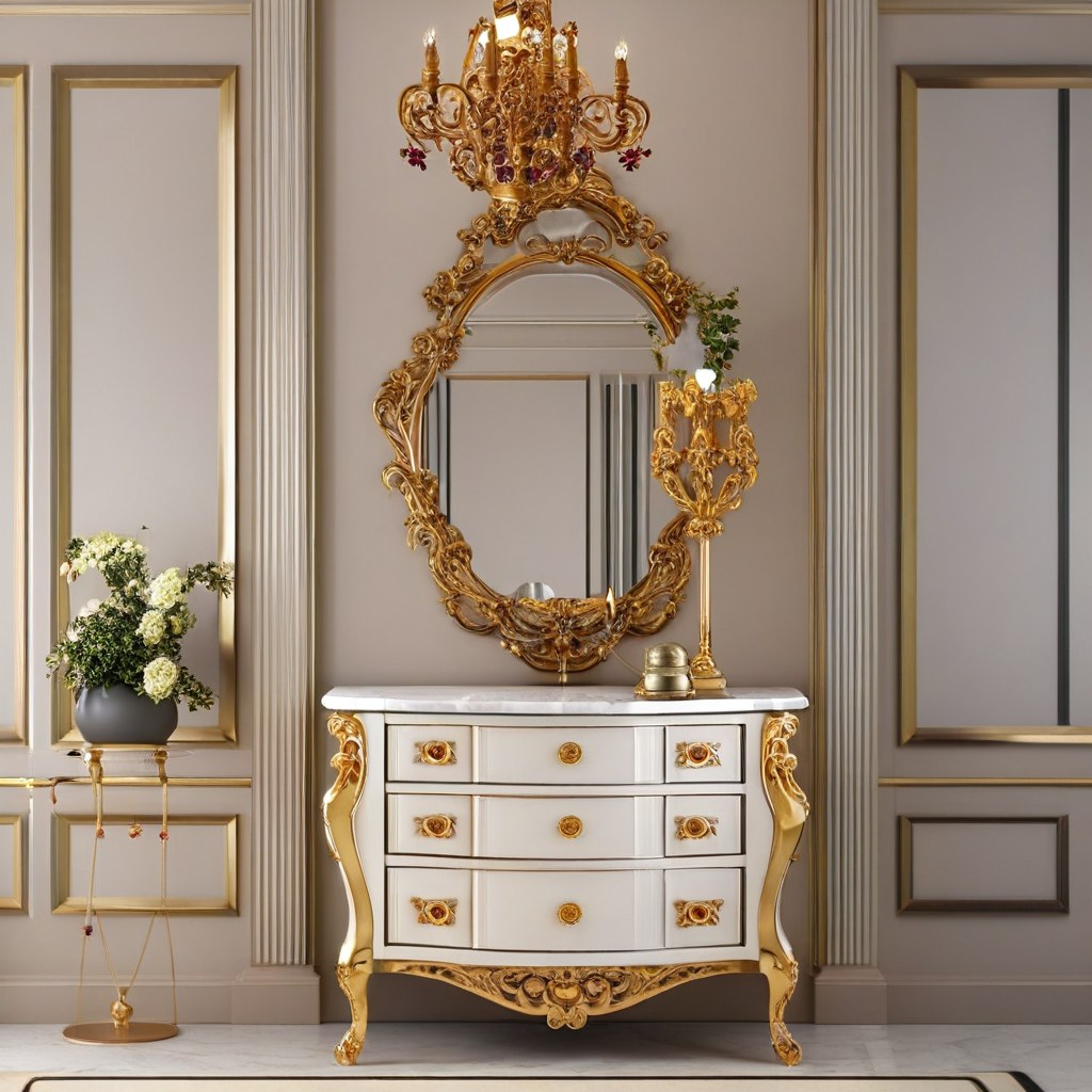 Baroque furniture in a bedroom with an upholstered baroque bed and baroque commode