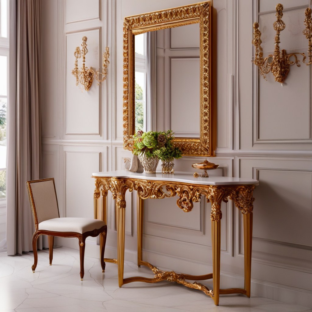 Baroque dining room with baroque showcase, dining table and large baroque mirror