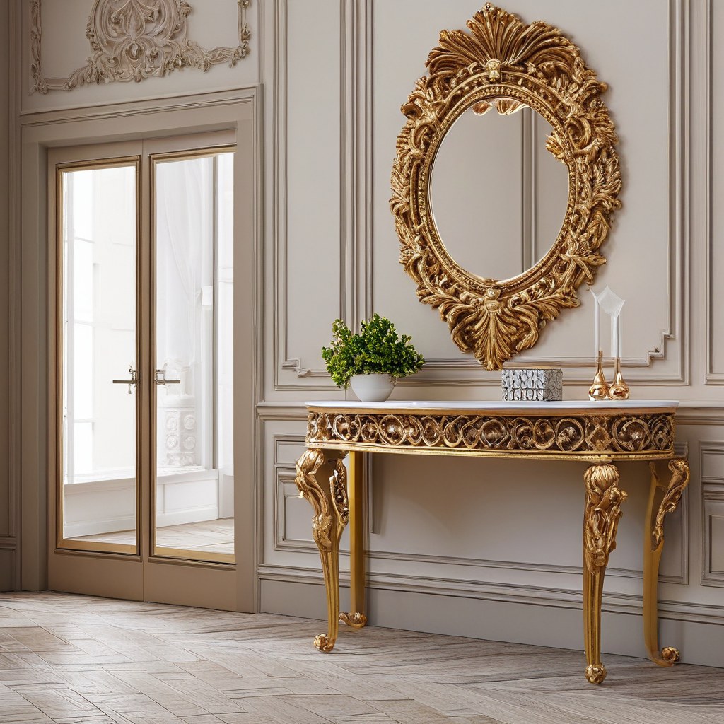 Baroque furniture: Gilded baroque mirror above an elegant console by Casa Padrino