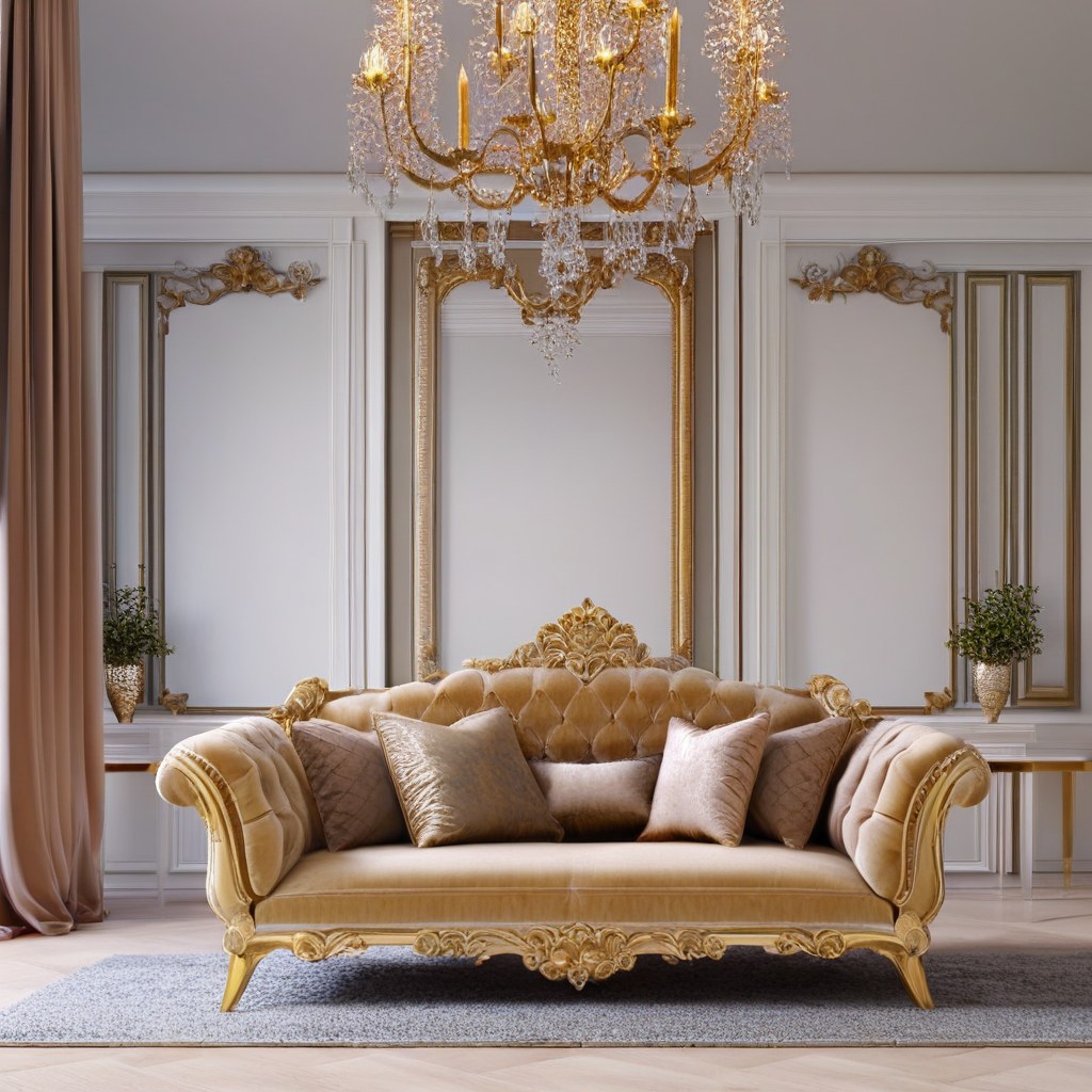 Baroque furniture in a hotel lobby with golden baroque armchairs and a chandelier