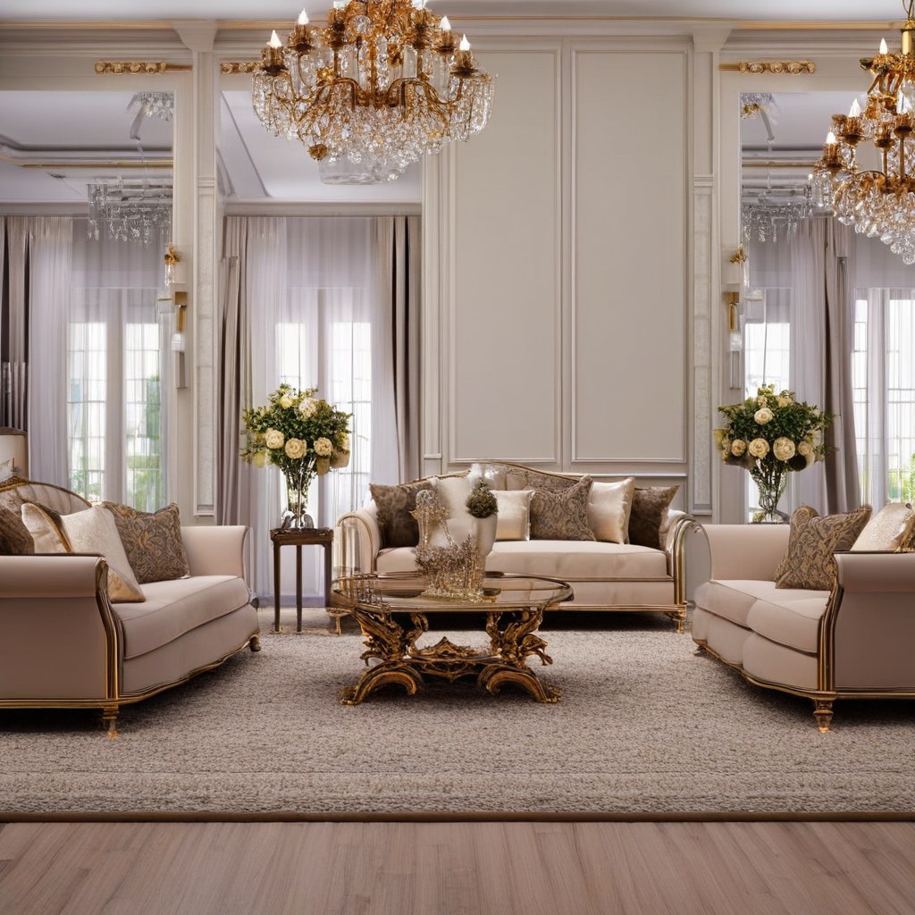 Baroque furniture: Opulent living room with a gilded baroque sofa by Casa Padrino