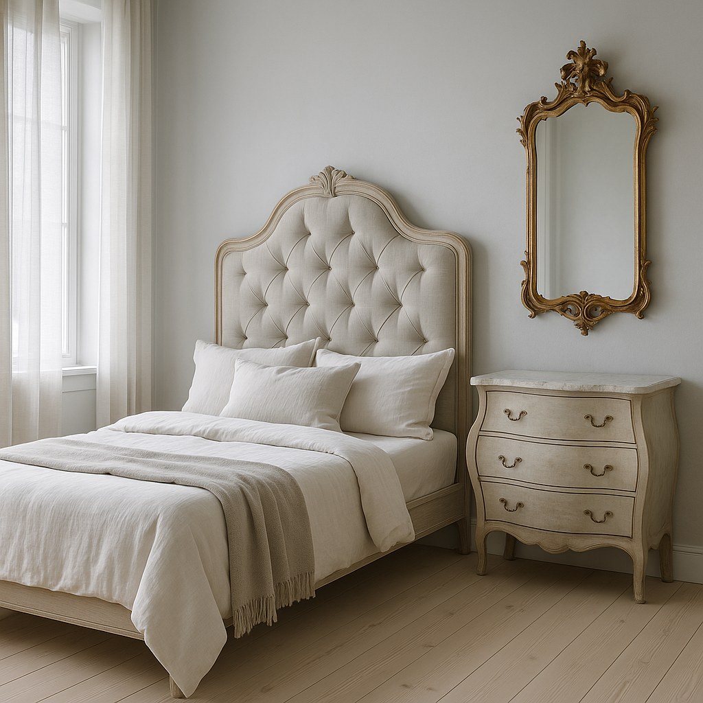 Baroque bedroom furniture in a Swedish home with carved chest of drawers and mirror by Casa Padrino