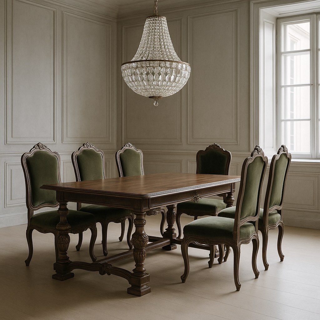 Baroque dining furniture in a Swedish dining room with carved table and crystal chandelier by Casa Padrino