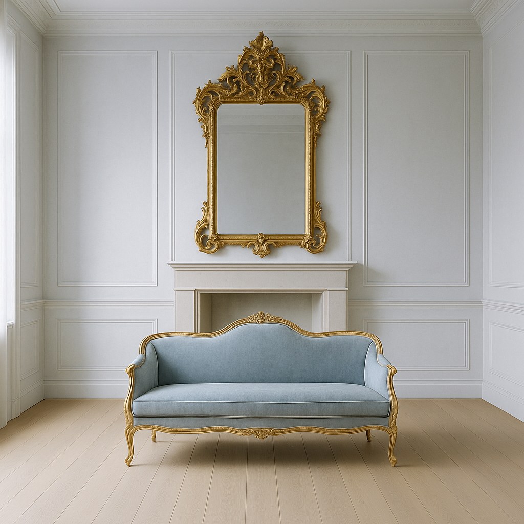Baroque furniture in a Swedish salon with gilded mirror and velvet sofa by Casa Padrino