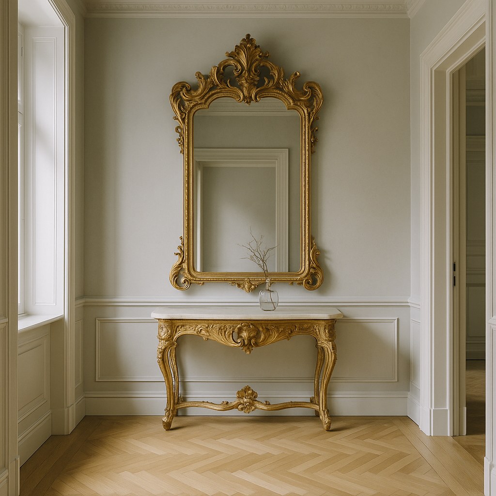 Baroque console table and gilded mirror in a Swedish hallway by Casa Padrino