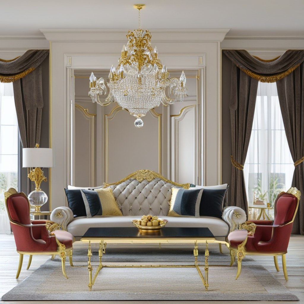 Opulent baroque furniture ensemble with gilded armchairs and mirror in a wholesale setting