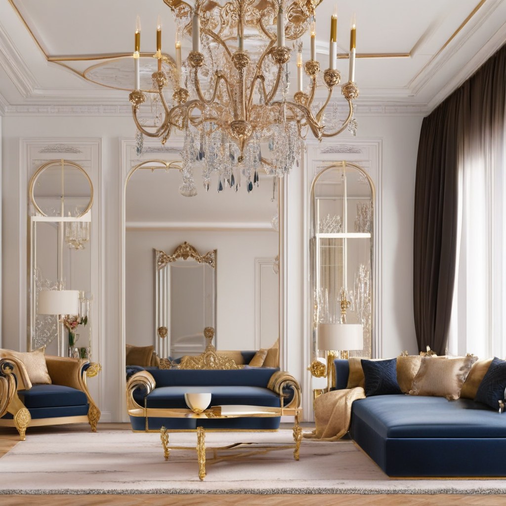 Baroque ensemble in a hotel lobby with golden armchairs and marble floor