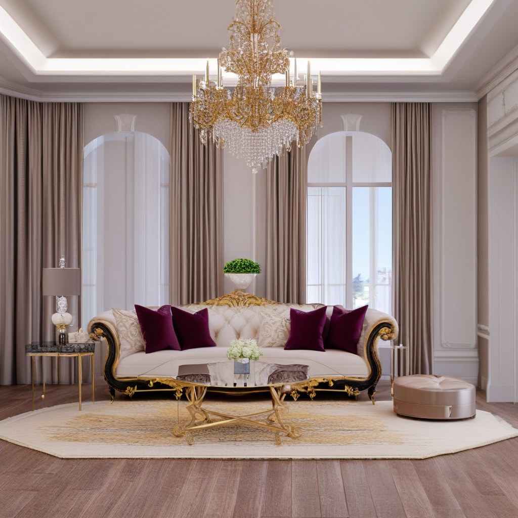 Opulent baroque living room with velvet sofa, gilded mirror and chandelier