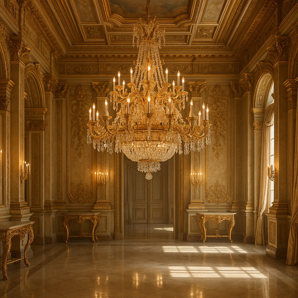 Baroque luxury chandelier in a gilded palace interior by Casa Padrino