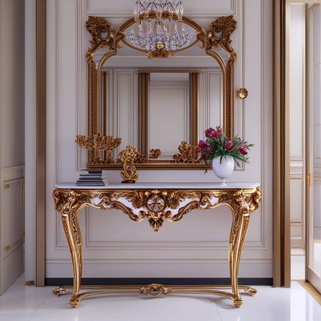Gold framed baroque mirror in a grand hallway by Casa Padrino