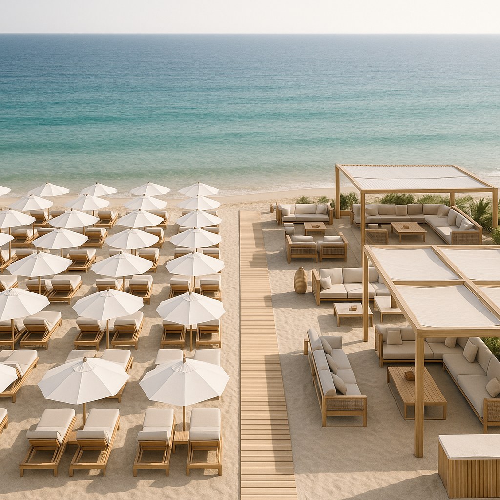 Beach club furniture across a waterfront site seen from above by Casa Padrino