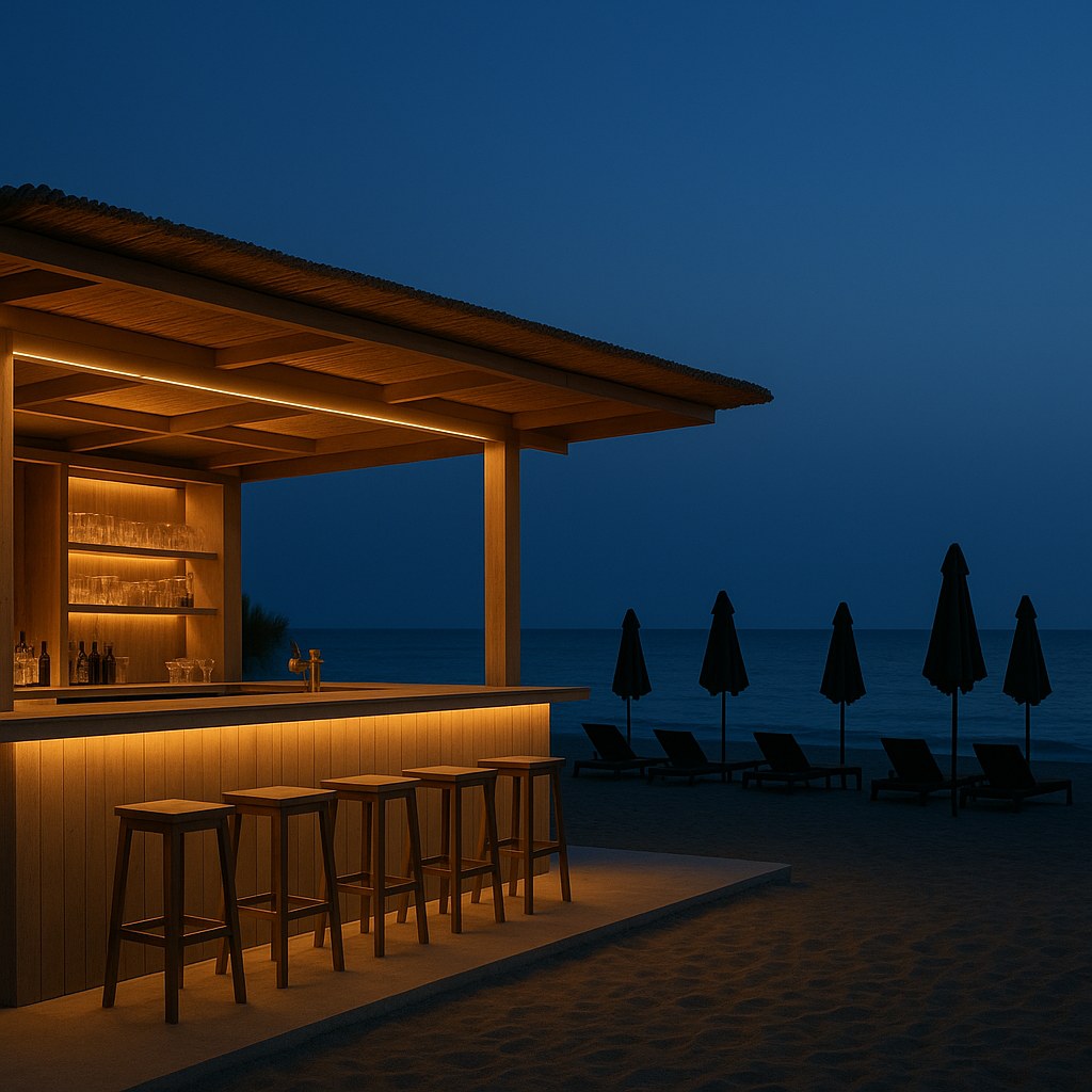 Beach club lighting at a beach bar after sunset by Casa Padrino