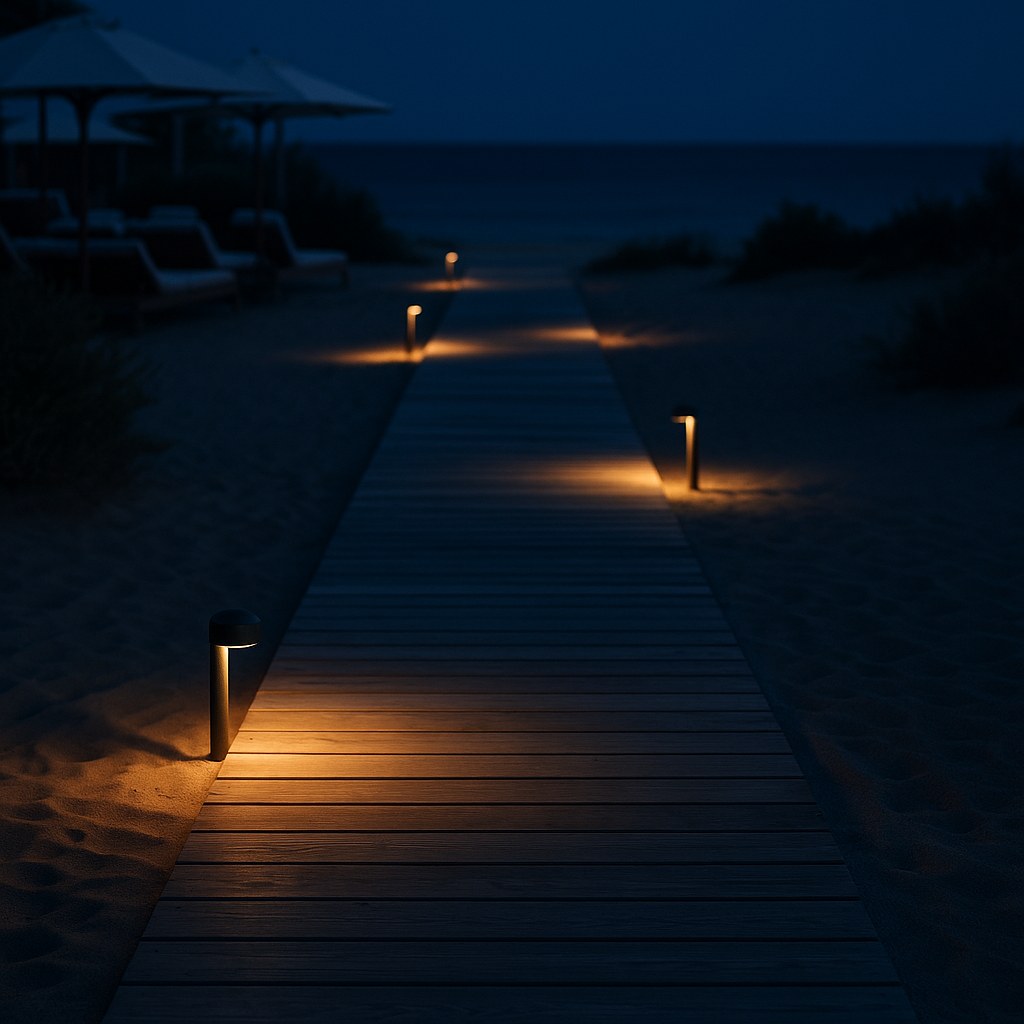 Beach club lighting with low path lights along a boardwalk by Casa Padrino