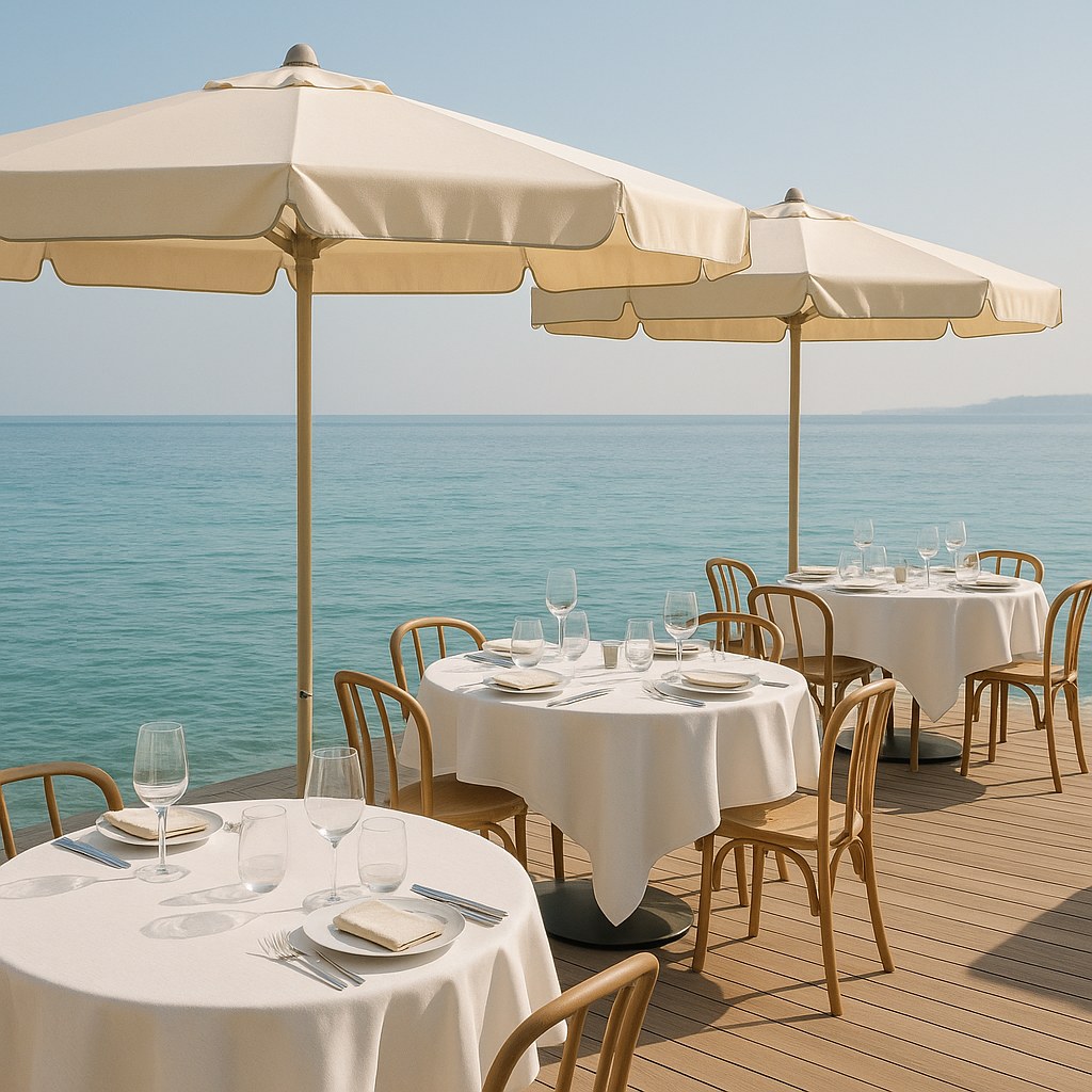 Beach club parasols above a beachfront restaurant terrace by Casa Padrino