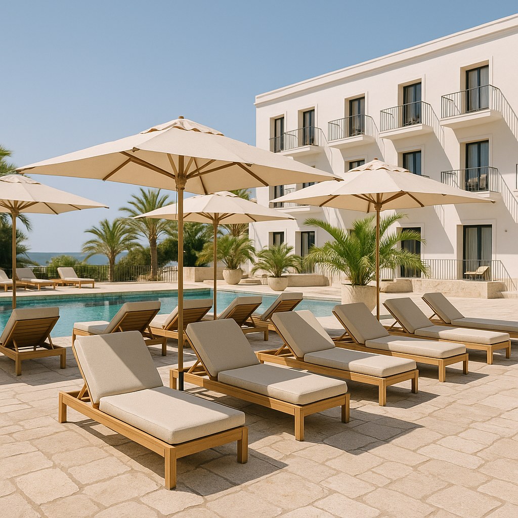 Beach club parasols as large canopies at a hotel pool by Casa Padrino