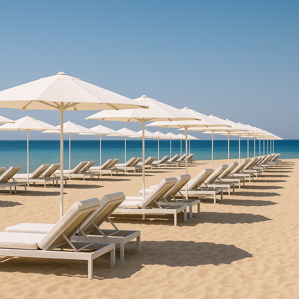Beach club parasols in a row of white canopies on the sand by Casa Padrino