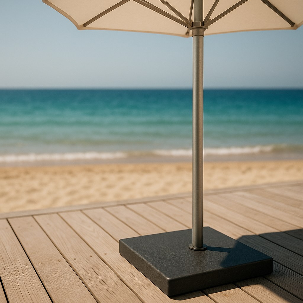 Beach club parasol on a wooden deck with a heavy base by Casa Padrino