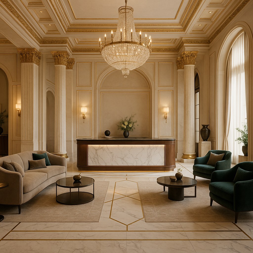 Bespoke hotel lobby furniture in a grand reception by Casa Padrino
