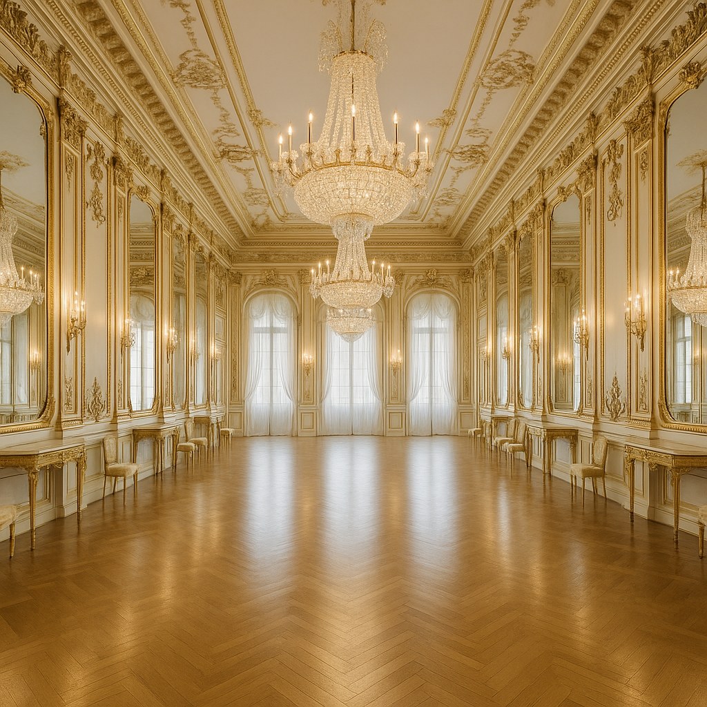 Bespoke palace furniture in a ballroom with crystal chandeliers by Casa Padrino