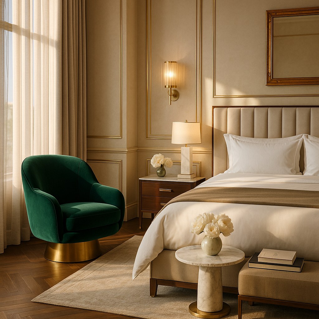 Boutique hotel furniture guest room with a statement armchair by Casa Padrino