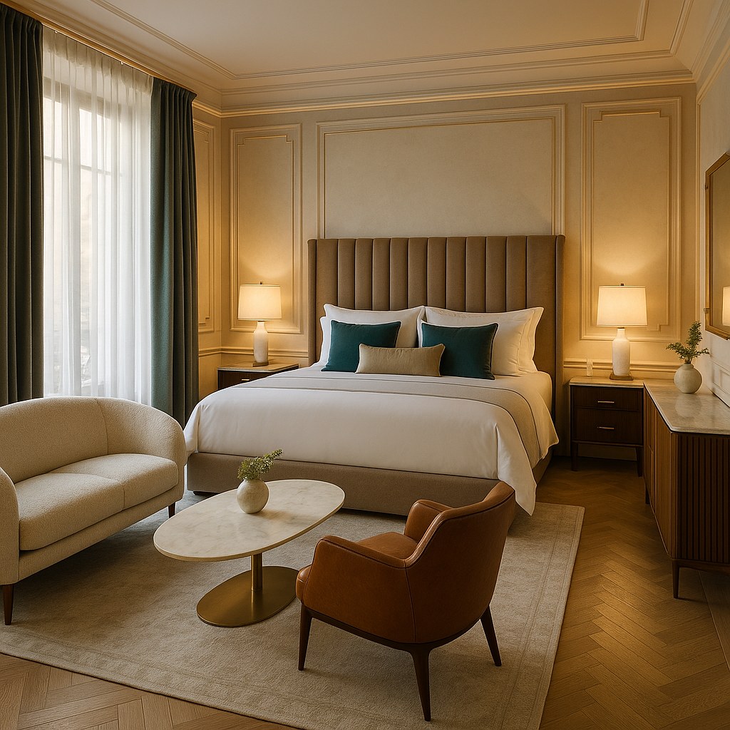 Boutique hotel furniture in a design-led guest suite by Casa Padrino