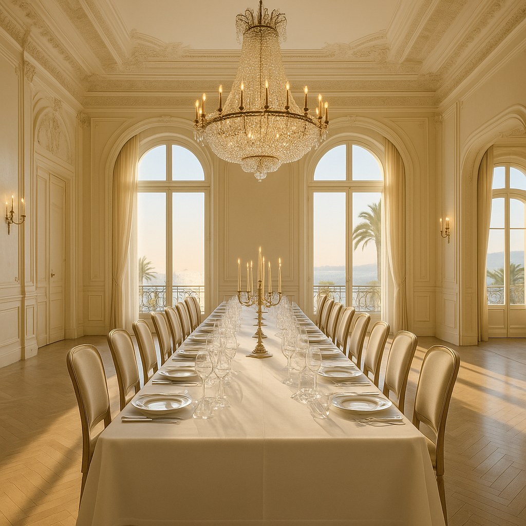Cannes film festival interiors gala dinner table with Casa Padrino upholstered chairs and a crystal chandelier