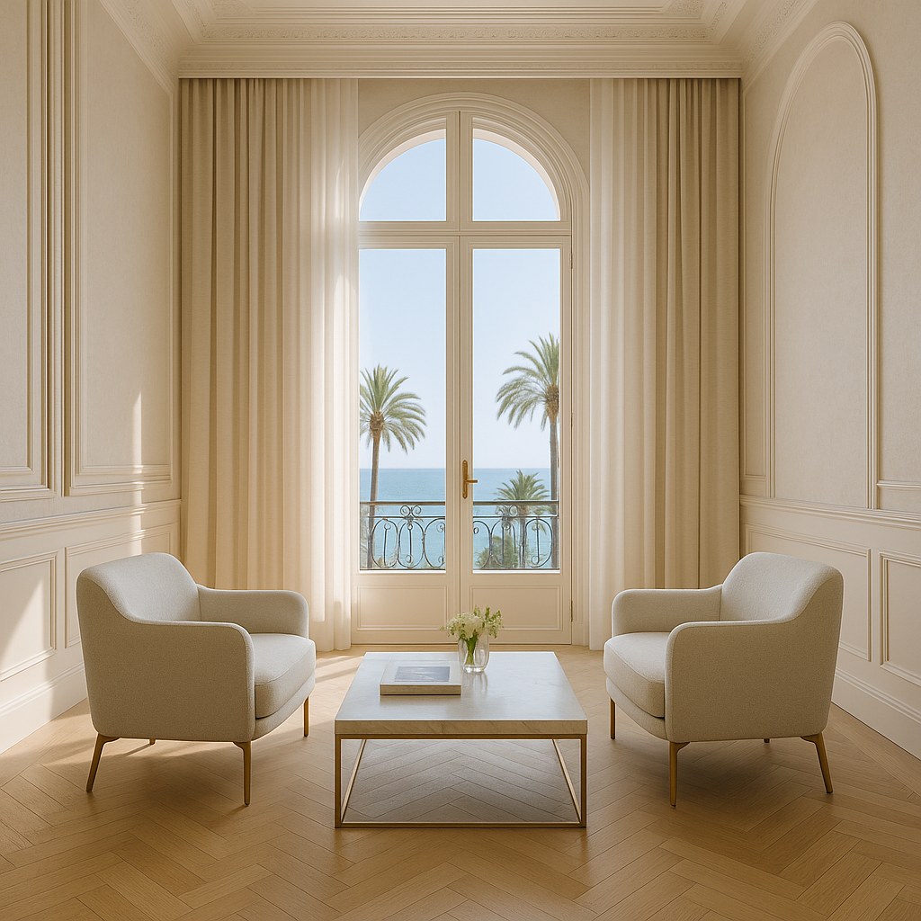 Cannes film festival interiors press lounge with two facing Casa Padrino designer armchairs