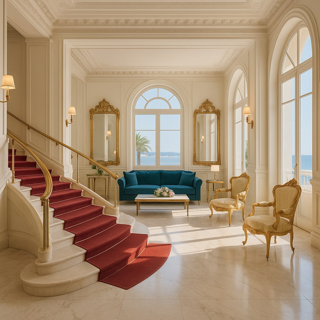 Cannes film festival interiors reception lounge with Casa Padrino baroque armchairs beside a red carpet staircase