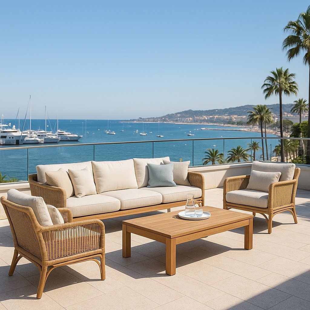 Cannes film festival interiors harbour terrace lounge with Casa Padrino rattan furniture