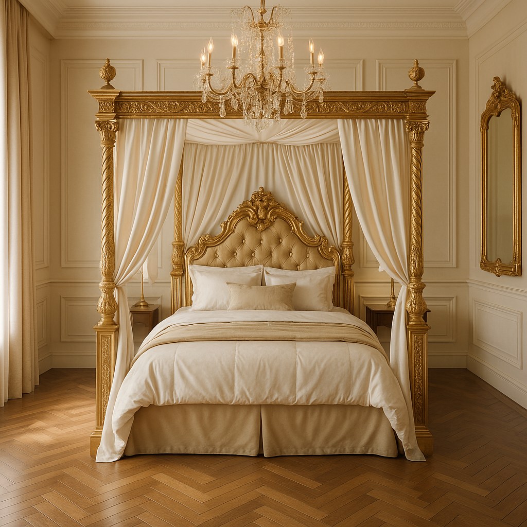 Canopy beds baroque four poster bed in gold in a bedroom suite by Casa Padrino