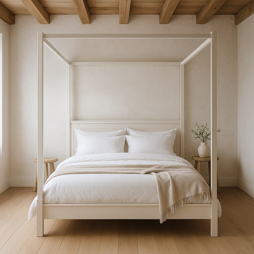Canopy beds country style four poster bed in a bright white bedroom by Casa Padrino