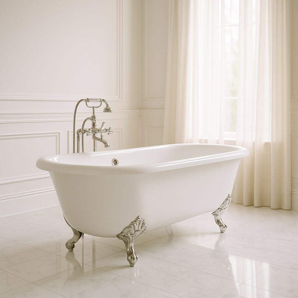 Clawfoot bathtubs white cast iron bath standing free in a bright bathroom by Casa Padrino