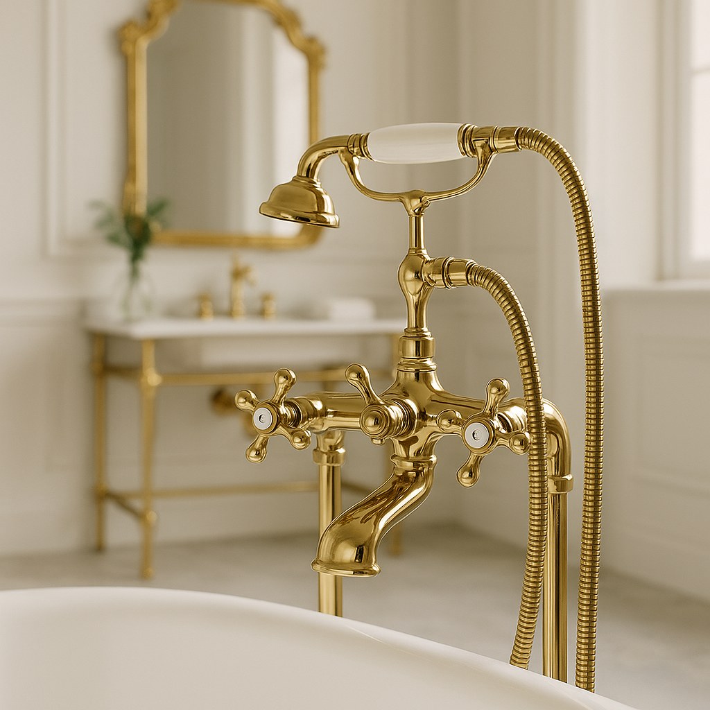 Clawfoot bathtubs freestanding floor mounted tap beside a washstand by Casa Padrino