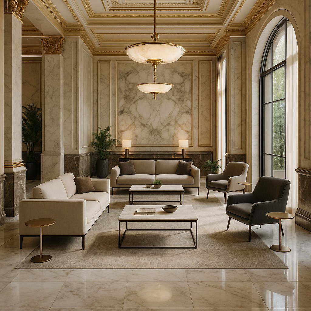 Contract furniture supplier sofas in a public hotel seating area by Casa Padrino