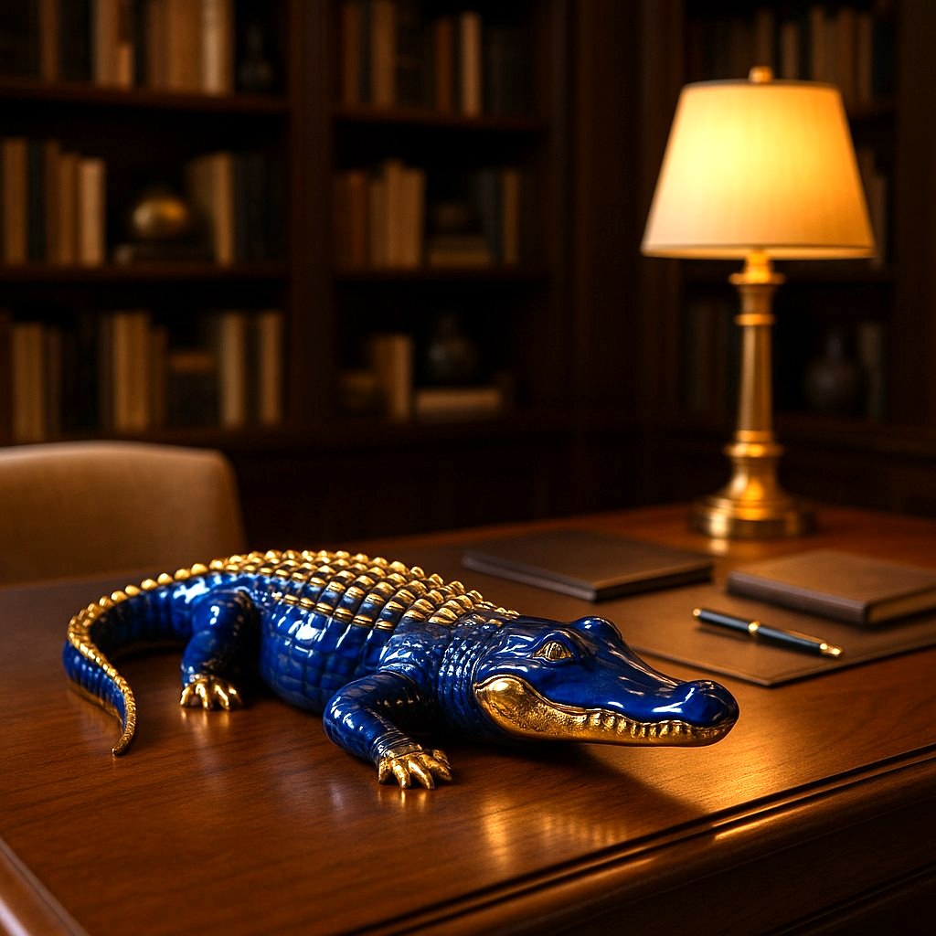 Crocodile sculpture on a desk in an elegant study by Casa Padrino