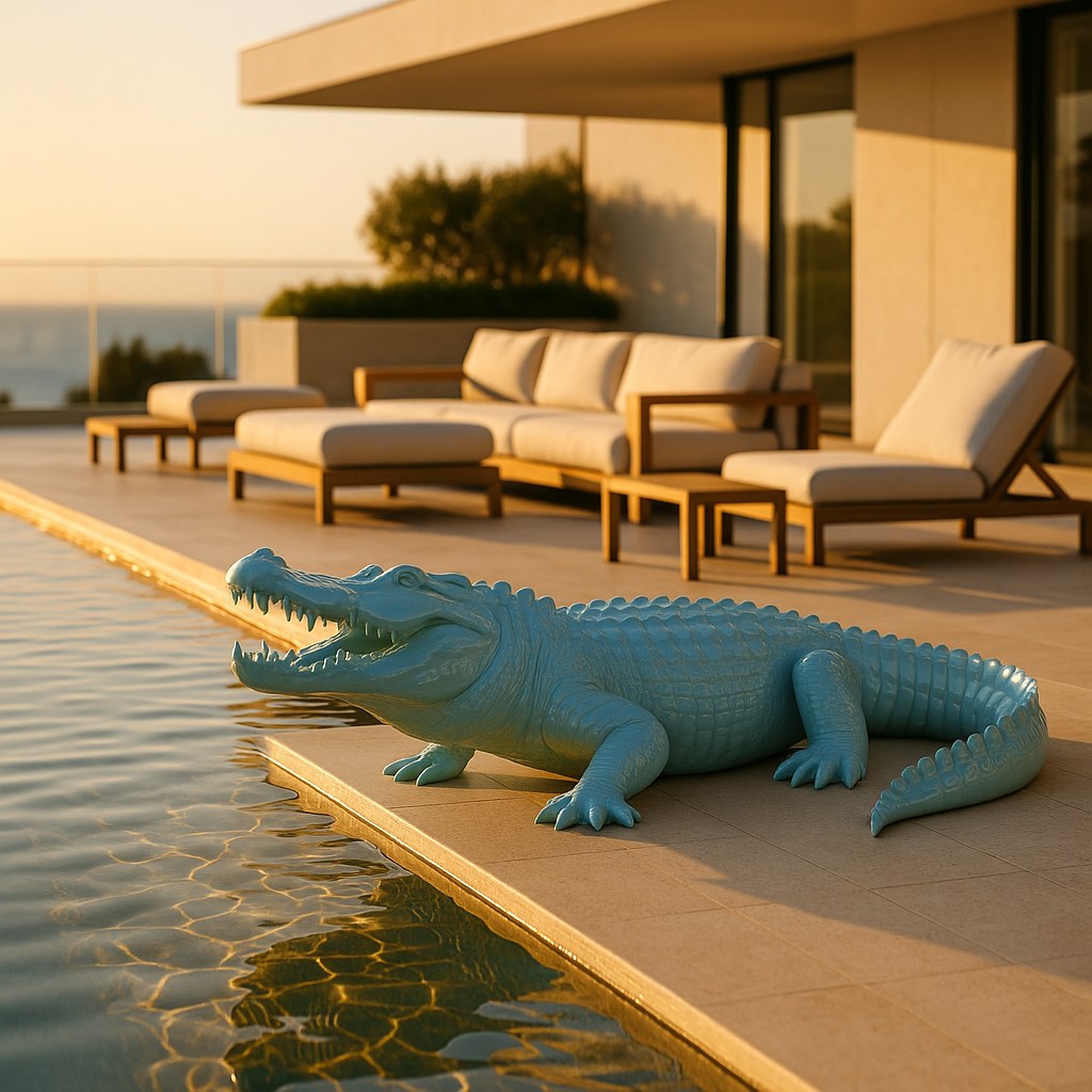 Crocodile sculpture on the pool terrace of a luxury villa by Casa Padrino