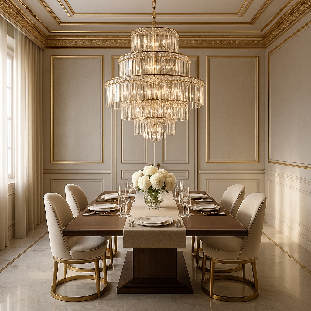 Crystal luxury chandelier above an elegant dining room table by Casa Padrino