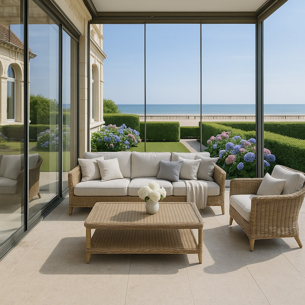 Deauville film festival interiors glazed veranda facing the beach with Casa Padrino rattan lounge furniture