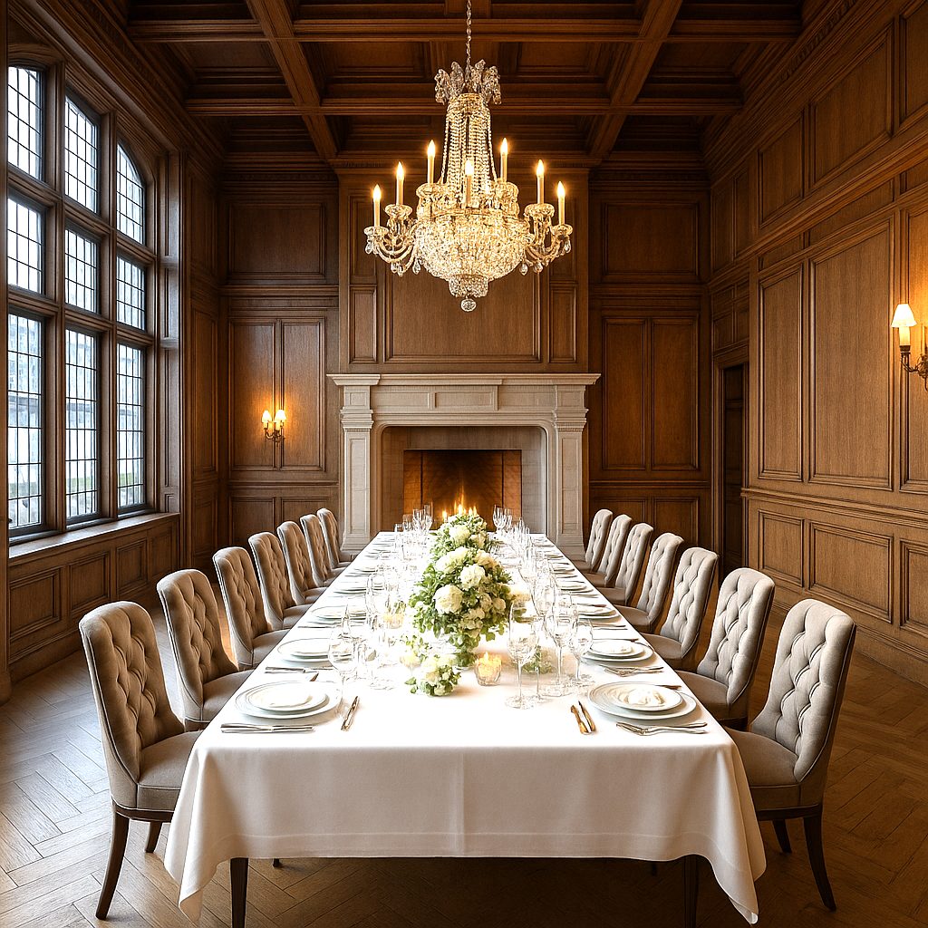 Deauville film festival interiors panelled gala dining room with Casa Padrino upholstered chairs and a lit fireplace
