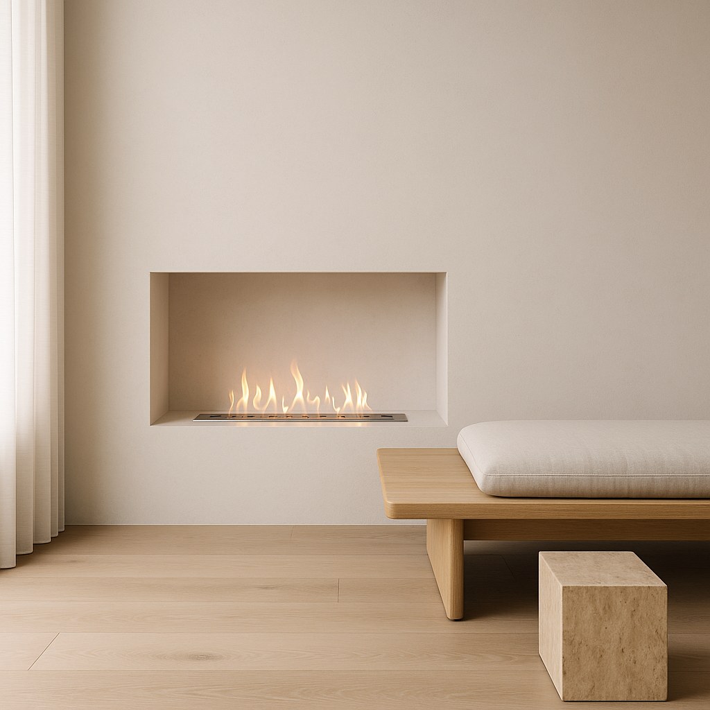 Electric fireplaces and a bioethanol fire burning in a modern living room by Casa Padrino