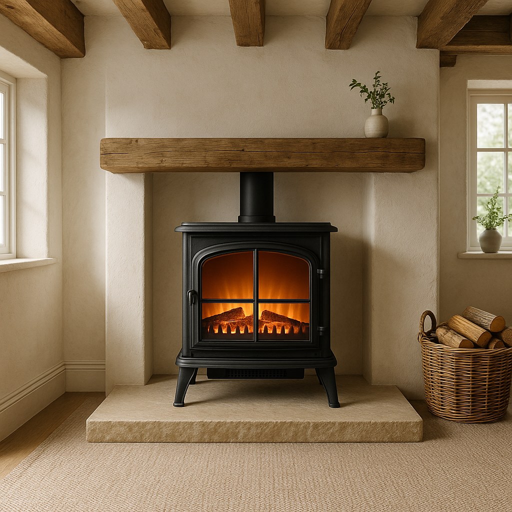 Electric fireplaces freestanding stove in a cast iron look beside a deep armchair by Casa Padrino