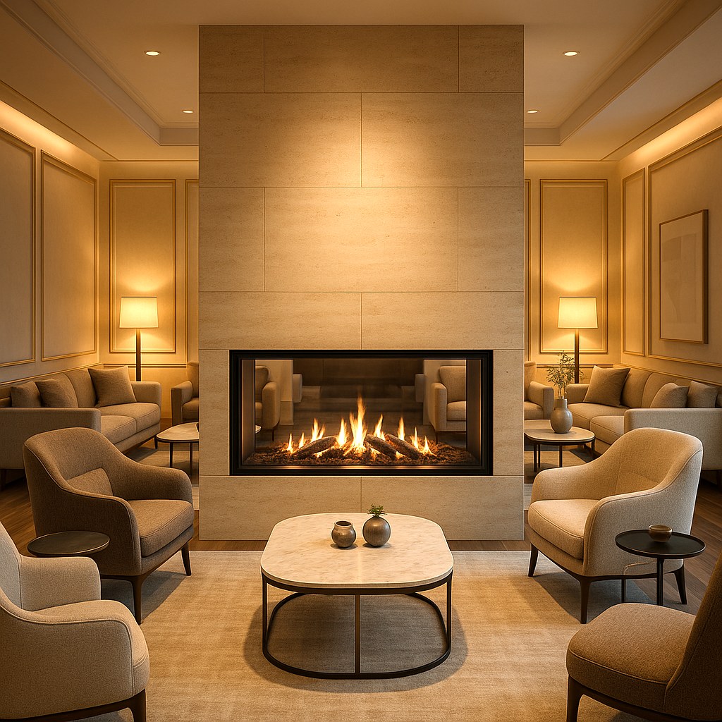 Electric fireplaces double sided firebox dividing a hotel lounge by Casa Padrino