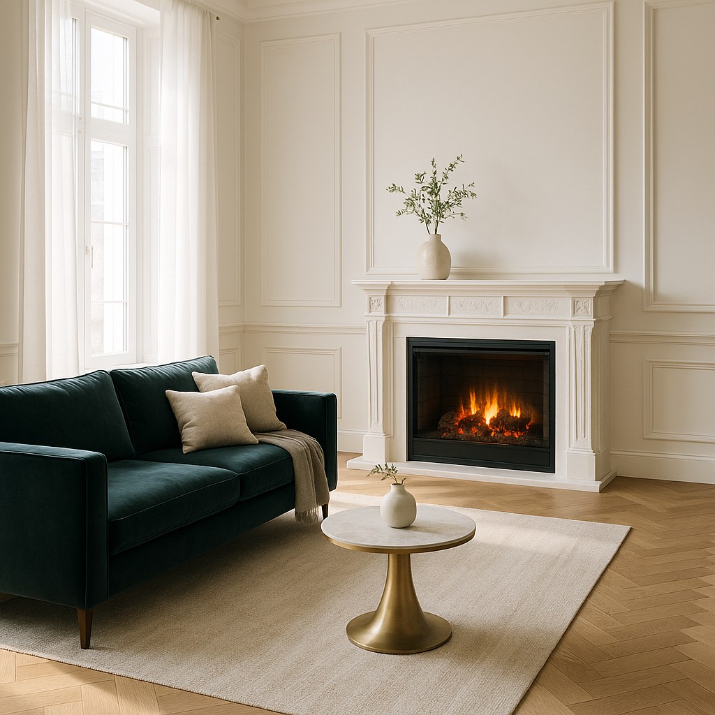 Electric fireplaces insert set into a carved living room mantel surround by Casa Padrino