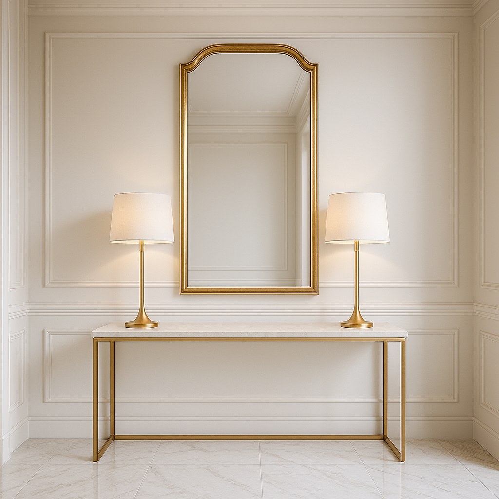 Entryway console tables console table in a hallway with a pair of mirrors above by Casa Padrino
