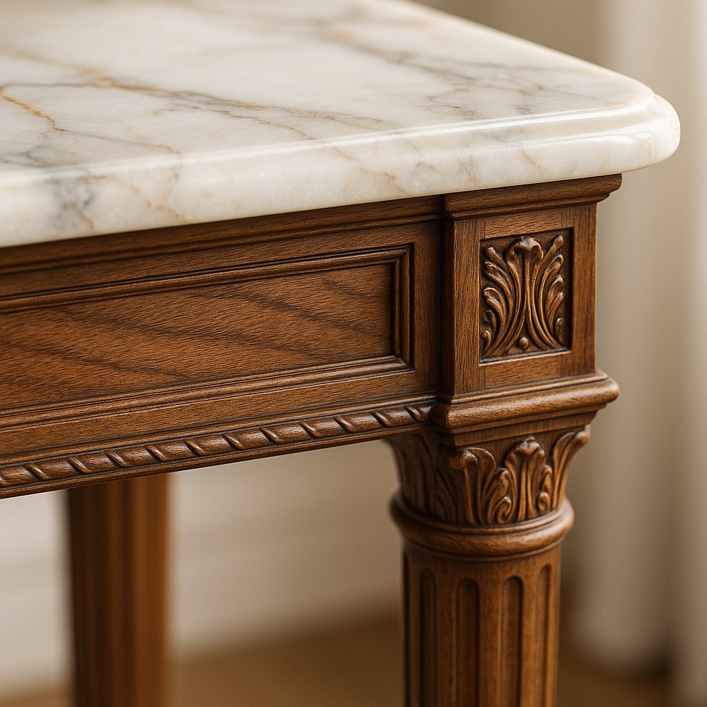 Entryway console tables close up of a polished stone top and a carved frame by Casa Padrino